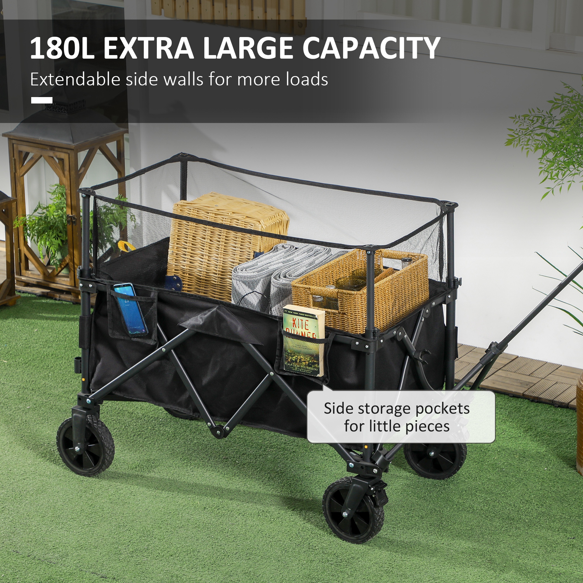 Outsunny Folding Garden Trolley 180L Wagon Cart With Extendable Side