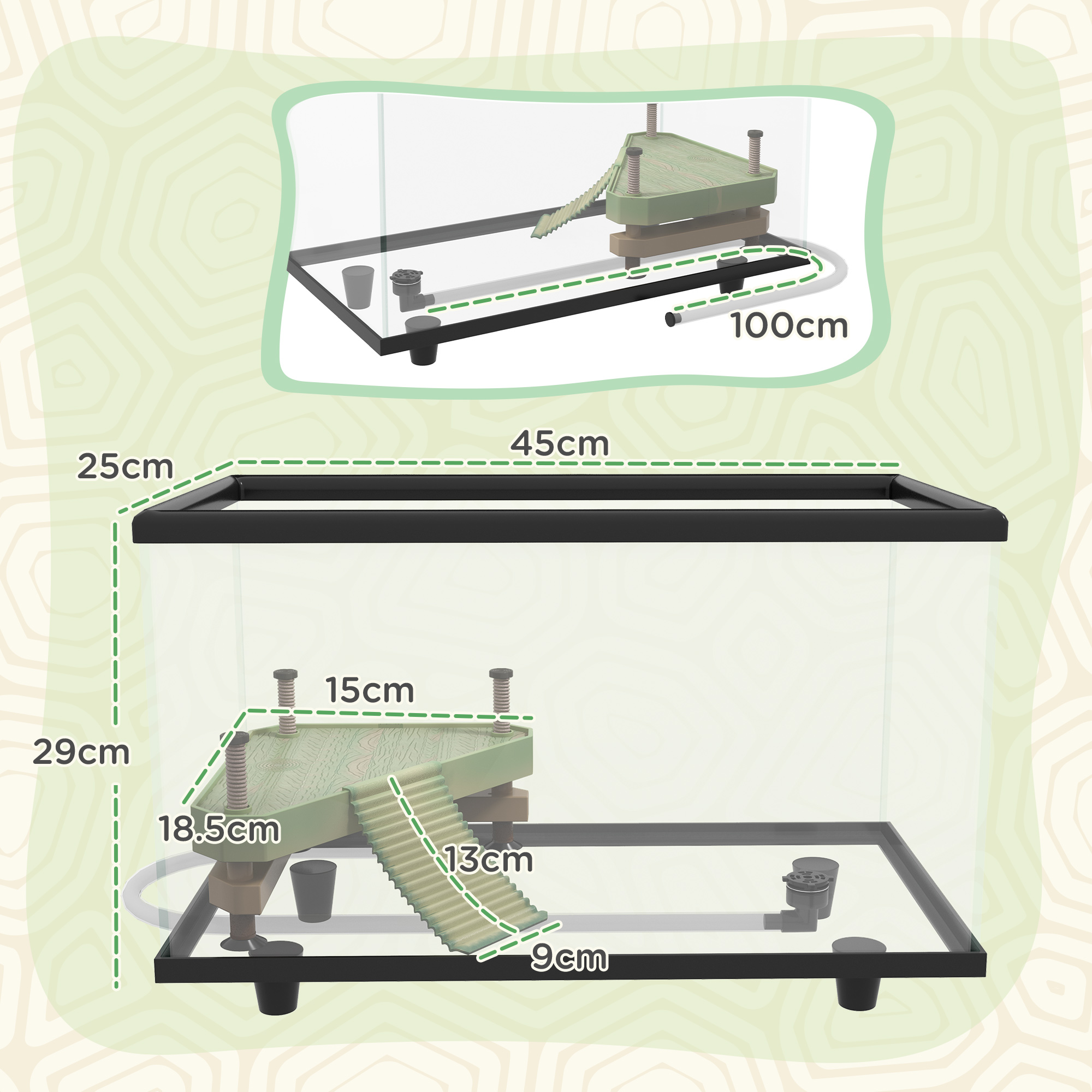 PawHut 28L Glass Turtle Tank Aquarium With Basking Platform Easy Drain