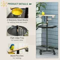 PawHut Parrot Perch Stand, Large Bird Play Stand, Metal Bird Table Feeder Station with Stainless Steel Bowls, Four Wheels, Round Tray, Black - 5