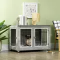 PawHut Dog Crate Furniture End Table, with Washable Cushion, Double Doors, for Medium/Large Dogs, Grey - 2