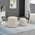HOMCOM Set of 2 Round Ottoman with Storage, Fabric Vanity Stool for Makeup, Footrest Stool with Removable Lid for Living Room & Bedroom, Cream White - 2