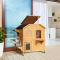 PawHut 2-story Cat House Outdoor, Weatherproof Wooden Cat Enclosure for Feral Cats with Escape Door, Openable Roof, Jumping Platforms, Natural Wood Finish - 2