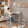 HOMCOM Kids Desk and Chair Set, Student Adjustable Writing Desk, with Drawer, Pen Slot, Hook - Grey - 2