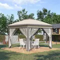 Outsunny 3.3 x 3.3m Pop Up Gazebo, Double Roof Foldable Canopy Tent with Zipped Mesh Sidewalls, Height Adjustable and Carrying Bag, Event Tent for Patio Garden, Beige - 2
