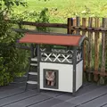 PawHut Cat House Outdoor w/ Balcony Stairs Roof, 77 x 50 x 73 cm, White - 2