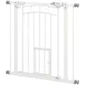 PawHut Pressure Fit Stair Gate, Dog Gate w/ Small Cat Door, Auto Closing System, Double Locking Openings, 74-80cm - White - 1