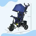 HOMCOM 6 in 1 Kids Trike Push Bike with Push Handle, Canopy, 5-point Safety Belt, Storage, Footrest, Brake, for 1-5 Years, Dark Blue - 3