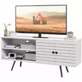 HOMCOM TV Stand with Cupboard, Open Shelves, Striped Doors, Wooden legs, White - 1