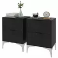 HOMCOM Set of Two Wood Effect Bedside Tables with Silver Tone Steel Base, Black - 1