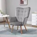HOMCOM Modern Accent Chair, Upholstered Tufted Wingback Armchair with Seat Padding, Velvet Leisure Lounge Bedroom Chair with Wood Legs, Grey - 2