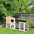 PawHut Rabbit Hutch Guinea Pig Hutch Wooden House with Run, 2 Tier Pet Cage Outdoor with No-leak Plastic Trays, 157.4 x 53 x 93.5cm, Yellow - 2