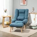 HOMCOM Armchair with Footstool, 180° Recliner with Ottoman, Accent Chair and Footstool with 3-Position Adjustable Backrest and Wooden Legs for Living Room, Blue - 2