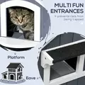 PawHut Wooden Cat House with Flower Pot, Windows, Multiple Entrances, Water-Resistant Roof for Outdoor - Grey - 4