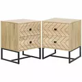 HOMCOM Bedside Table Nightstand Two-Drawer Bedroom Storage Unit Zig Zag Design with Black Metal Handles, Set of 2, Natural - 1