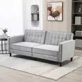 HOMCOM Modern Convertible Sofa Futon Velvet-Touch Tufted Couch Compact Loveseat with Adjustable Split Back, Light Grey - 2