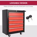 HOMCOM 5-Drawer Tool Chest with Wheels, Steel Lockable Tool Storage Cabinet with Handle, 2 Keys for Garage, Workshop, Red - 7