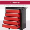 HOMCOM 5-Drawer Tool Chest with Wheels, Steel Lockable Tool Storage Cabinet with Handle, 2 Keys for Garage, Workshop, Red - 4