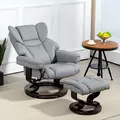 HOMCOM 360° Swivel Recliner Chair with Footstool, PU Leather Manual Recliner Armchair with Footstool, Solid Wood Base, Upholstered Reclining Chair for Living Room, Bedroom, Office, Light Grey - 2