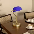 HOMCOM Banker's Desk Lamp with Antique Bronze Tone Base, Table Lamp with Blue Glass Shade for Home Office, Blue - 9