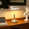HOMCOM Banker's Desk Lamp with Antique Bronze Tone Base, Table Lamp with White Glass Shade for Home Office, White - 8