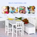 HOMCOM 4-Piece Kids Table and Chair Set with 2 Wooden Chairs, 1 Storage Bench, and Interesting Modern Design, Grey/White - 4