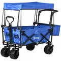 Outsunny Folding Trolley Cart Storage Wagon Beach Trailer 4 Wheels with Handle Overhead Canopy Cart Push Pull for Camping, Blue - 1