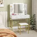 HOMCOM Dressing Table with Lighted Mirror, Cushioned Stool, Drawers, Shelves, LED Makeup Vanity Desk Set, Modern Dresser Vanity Table for Bedroom, White - 2