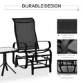 Outsunny 3 Pieces Garden Gliding Chair Set, Metal Frame 2 Single Armchair Swing Seater and 1 Glass Top Coffee Table w/ Breath Mesh Fabric Seat, Black - 5