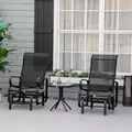 Outsunny 3 Pieces Garden Gliding Chair Set, Metal Frame 2 Single Armchair Swing Seater and 1 Glass Top Coffee Table w/ Breath Mesh Fabric Seat, Black - 2