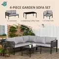 Outsunny 5 Seater Garden Corner Sofa Set, 4 Pieces Metal Garden Furniture Set with Loveseats, Glass Top Coffee Table, Breathable Mesh Pocket, Outdoor Conversation Furniture with Cushions, Light Grey - 4