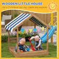Outsunny House-Designed Wooden Sandbox, Outdoor Sandpit, with Blackboard, Toys, Sink, Seats, Flags, for Ages 3-7 Years - Brown - 4