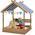 Outsunny House-Designed Wooden Sandbox, Outdoor Sandpit, with Blackboard, Toys, Sink, Seats, Flags, for Ages 3-7 Years - Brown - 1