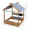Outsunny House-Designed Wooden Sandbox, Outdoor Sandpit, with Blackboard, Toys, Sink, Seats, Flags, for Ages 3-7 Years - Brown - 3