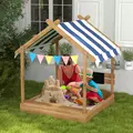 Outsunny House-Designed Wooden Sandbox, Outdoor Sandpit, with Blackboard, Toys, Sink, Seats, Flags, for Ages 3-7 Years - Brown - 2