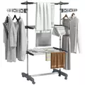 HOMCOM Three-Shelf Collapsing Clothes Horse, With Side Arms and Wheels - Grey - 1