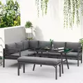 Outsunny 4 Piece L-shaped Garden Furniture Set 8-Seater Aluminium Outdoor Dining Set Conversation Sofa Set w/ Bench, Dining Table & Cushions, Grey - 2