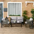 Outsunny 4 Piece Metal Garden Furniture Set with Tempered Glass Coffee Table, Texteline Pocket, Outdoor Set Loveseat Single Armchairs with Padded Cushions, Light Grey - 2
