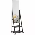 HOMCOM Free Standing Dressing Mirror, Rolling Full Length Mirror on Wheels with Adjustable Angle, Storage Shelves for Bedroom - 1