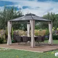 Outsunny 3 x 3 (m) Outdoor Polycarbonate Gazebo, Double Roof Hard Top Gazebo with Galvanised Steel Frame, Nettings & Curtains for Garden, Lawn, Patio and Deck, Khaki - 2