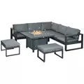 Outsunny 6-Piece Aluminium Garden Furniture Set with Fire Pit Table, Outdoor Dining Sofa Set with Cushions, Loveseats and Footstools, Sectional Corner Conservatory Furniture for Patio, Grey - 1