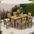Outsunny 6 Seater Garden Dining Set with Stackable Chairs, Aluminium Frame, Rectangular Plastic Top, Garden Furniture Set, Outdoor Dining Table and Chairs for Patio, Balcony, Poolside, Nature Wood - 9