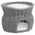 PawHut 2-Tier Wicker Cat House Elevated Pet Bed Basket Willow Kitten Tower Pet Den. with Washable Cushions 56x37x40cm Grey - 1