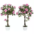 Outsunny Set of 2 Artificial Plants White Rose Floral in Pot, Fake Plants for Home Indoor Decor, 90cm, Purple - 1
