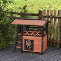PawHut Cat House Outdoor w/ Balcony Stairs Roof, 77 x 50 x 73 cm, Brown - 2