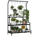 Outsunny 3 Tiered Plant Rack with Hanging Hooks, Tall Plant Stand for Indoor Outdoor Porch Balcony Use, Black - 1
