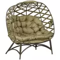 Outsunny 2 Seater Egg Chair Outdoor, Folding Weave Garden Furniture Chair with Cushion, Cup Pockets - Khaki - 1