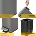 HOMCOM 5L Rectangular Compact Bin Steel Body Removable Bucket Quiet-Close Lid w/ Pedal Lid Rubbish Trash Can Home Office Bedroom Bathroom Living Room Garbage Tidy Clean Grey - 6