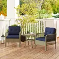 Outsunny 3 Pieces Rattan Bistro Set with Glass Top Coffee Table, Chairs and Cushions for Outdoor, Patio, Balcony, Charcoal Grey - 2