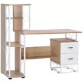 HOMCOM Computer Desk with Drawers and Bookshelf, Writing Desk for Home Office with Storage Shelves, Study Workstation, Oak - 1
