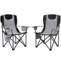 Outsunny Set of 2 Folding Camping Chairs, Padded Camping Chairs with Adjustable Armrests, Portable & Lightweight Folding Camp Chair with Cooler Bag, Cup Holder and Side Pockets, Grey - 1